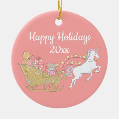 Pink Happy Holidays Unicorn Santas Sleigh Ceramic Ornament