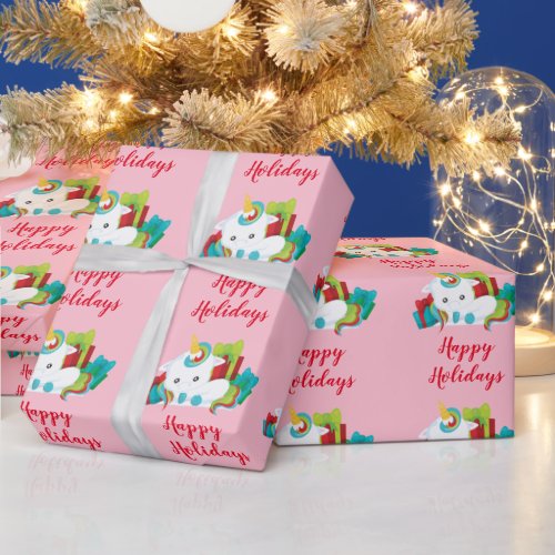 Pink Happy Holidays Unicorn Wrapping Paper