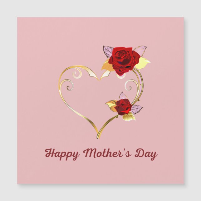 Pink Happy Mother's Day Gold Heart Red Roses Card (Front)