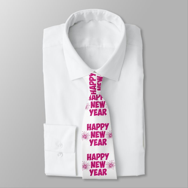 pink happy new year fireworks neck tie (Tied)