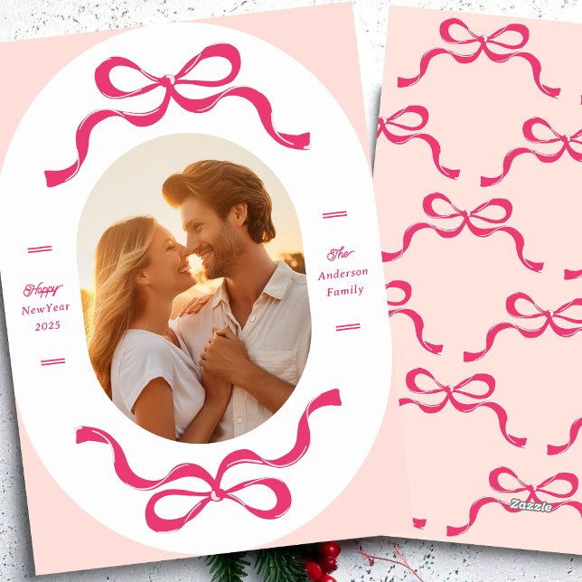 Pink Happy New Year RIBBONS 2026 Photo Holiday Card (Creator Uploaded)