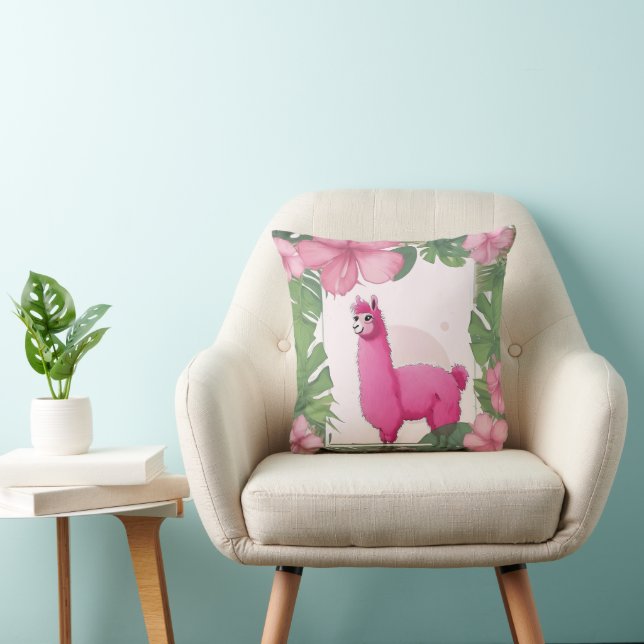 Pink Happy Smiling Lama Throw Pillow (Chair)