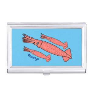 Pink happy squid cartoon illustration business card case