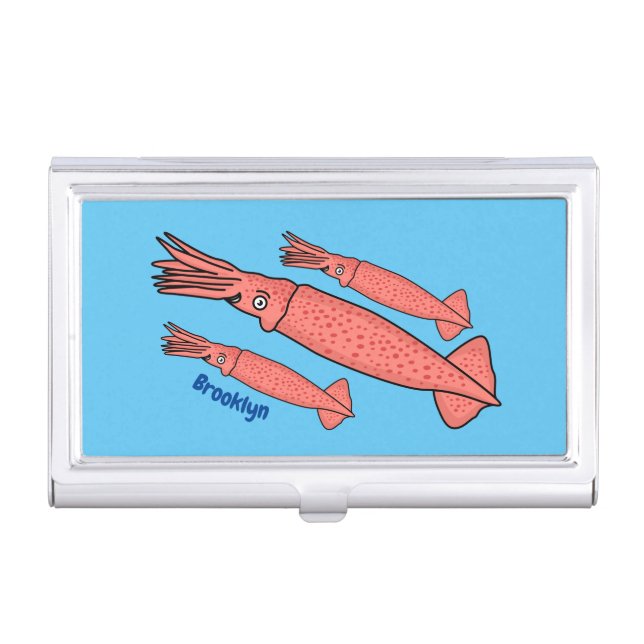 Pink happy squid cartoon illustration  business card case (Front)