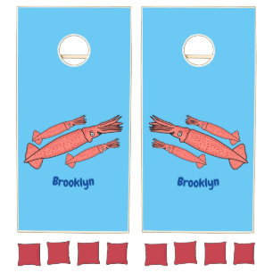 Pink happy squid cartoon illustration cornhole set