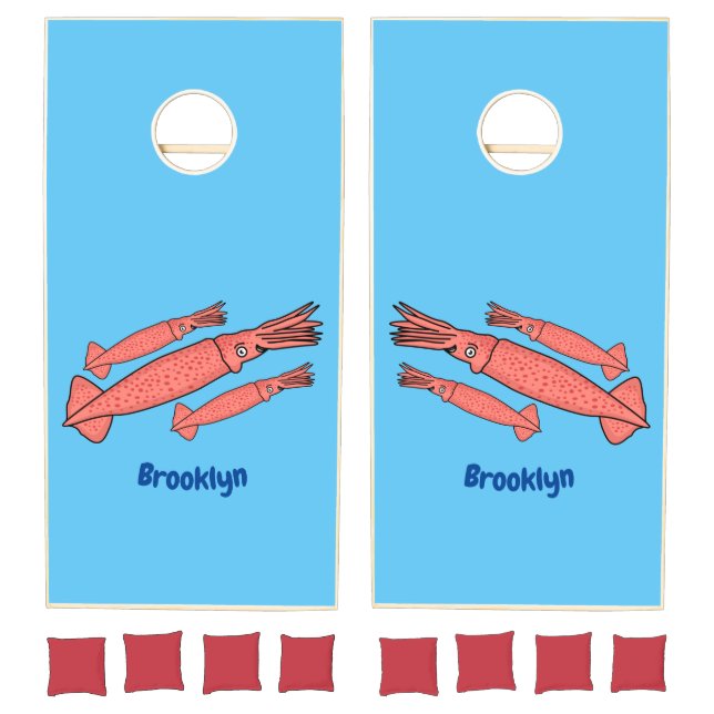 Pink happy squid cartoon illustration cornhole set (Set)