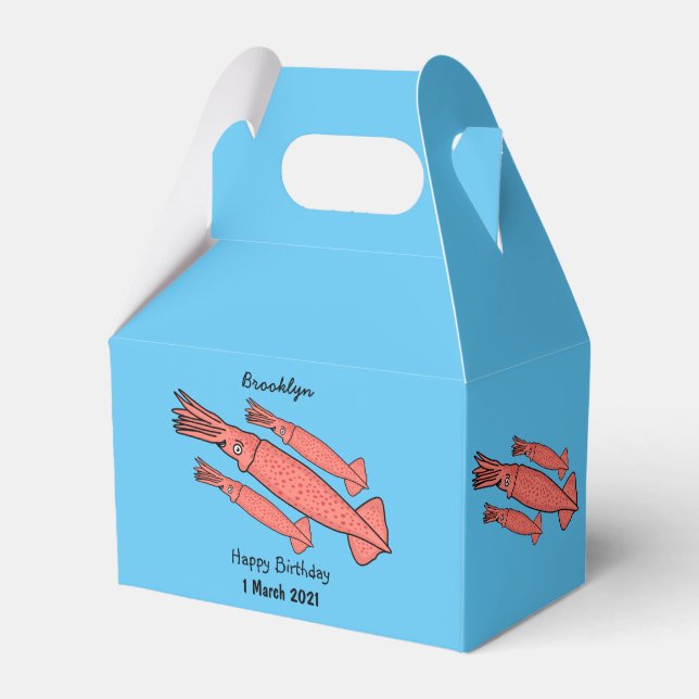 Pink happy squid cartoon illustration favor boxes (Front Side)