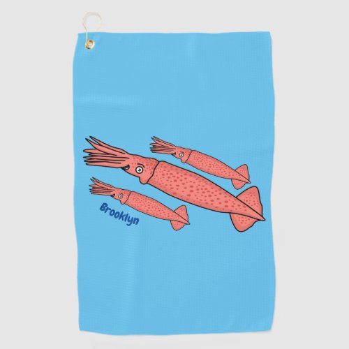 Pink happy squid cartoon illustration golf towel