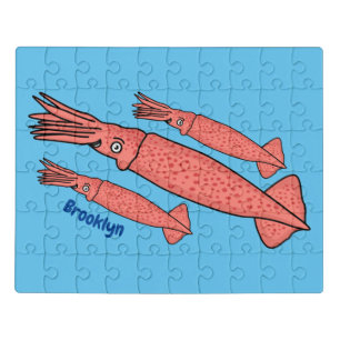 Pink happy squid cartoon illustration jigsaw puzzle