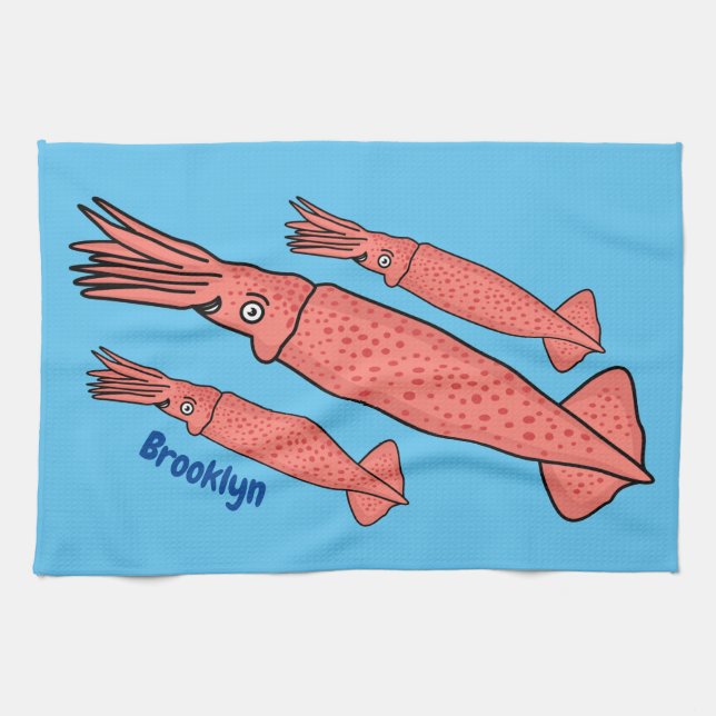 Pink happy squid cartoon illustration  kitchen towel (Horizontal)