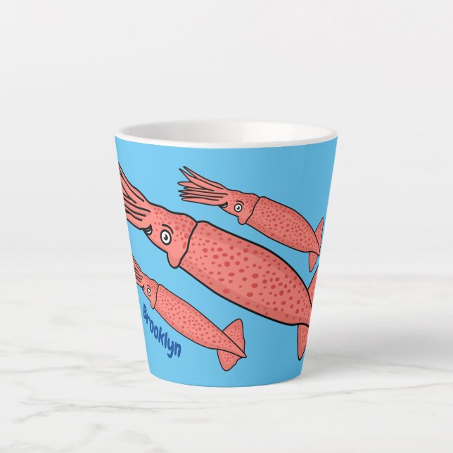 Pink happy squid cartoon illustration latte mug (Front)