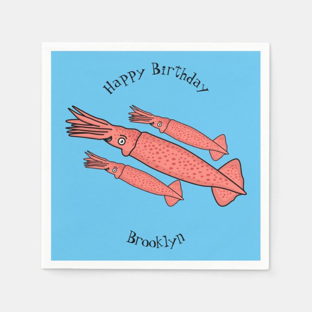 Pink happy squid cartoon illustration napkins (Front)