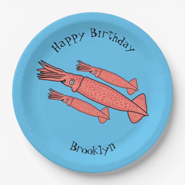 Pink happy squid cartoon illustration paper plates (Front)