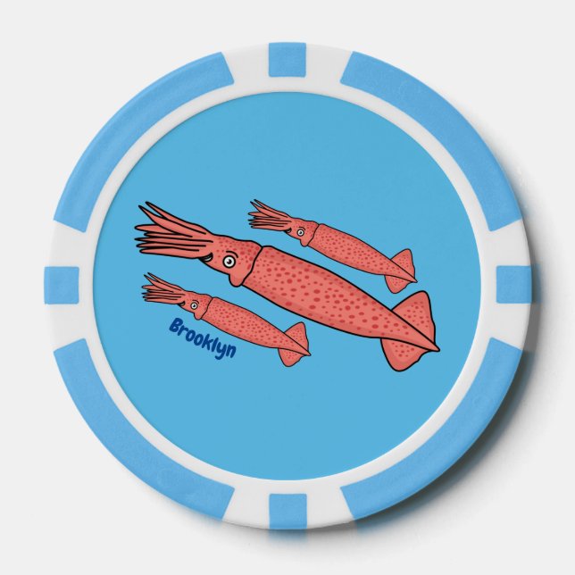 Pink happy squid cartoon illustration poker chips (Front)