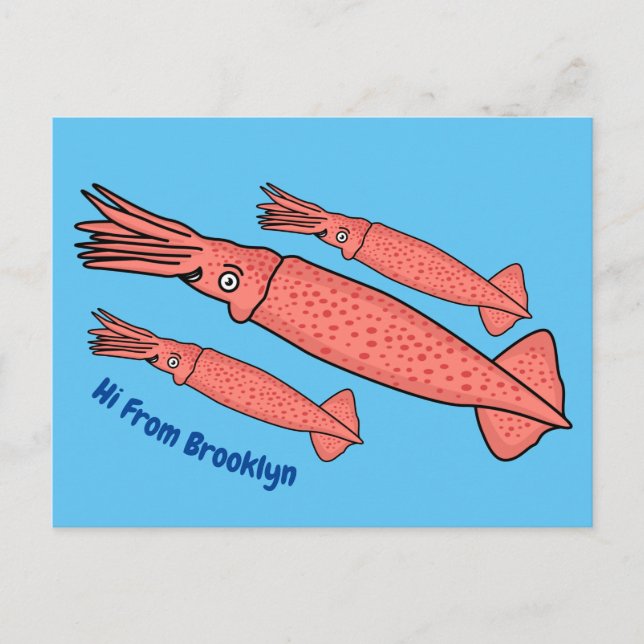 Pink happy squid cartoon illustration postcard (Front)