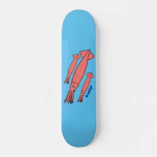 Pink happy squid cartoon illustration skateboard