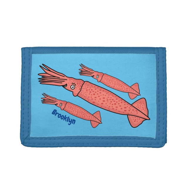 Pink happy squid cartoon illustration trifold wallet (Front)