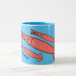 Pink happy squid cartoon illustration  Two-Tone coffee mug