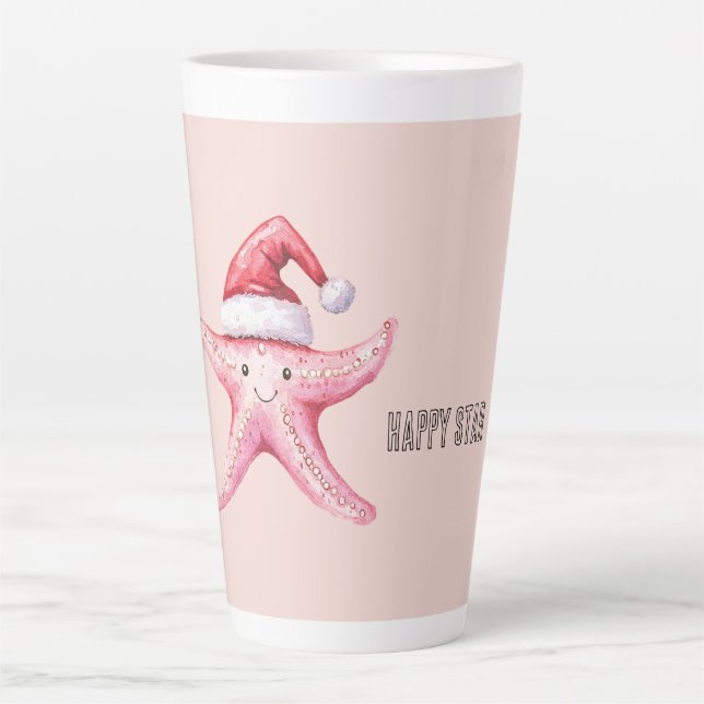 Pink Happy Starfish Santa Hat Latte Mug (Front)