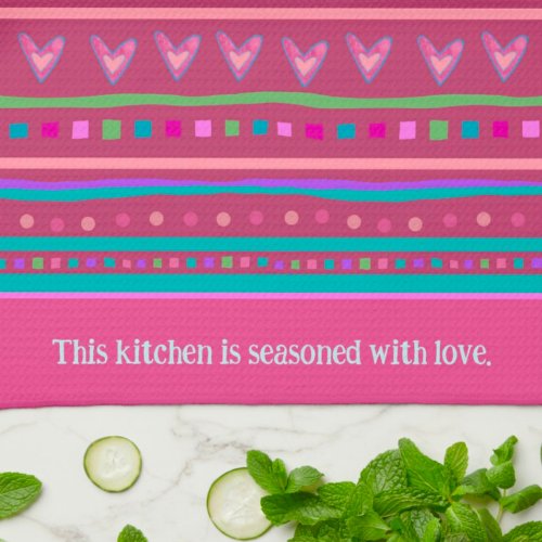 Pink Happy Trendy Stripe Hearts Custom Stylish  Kitchen Towel