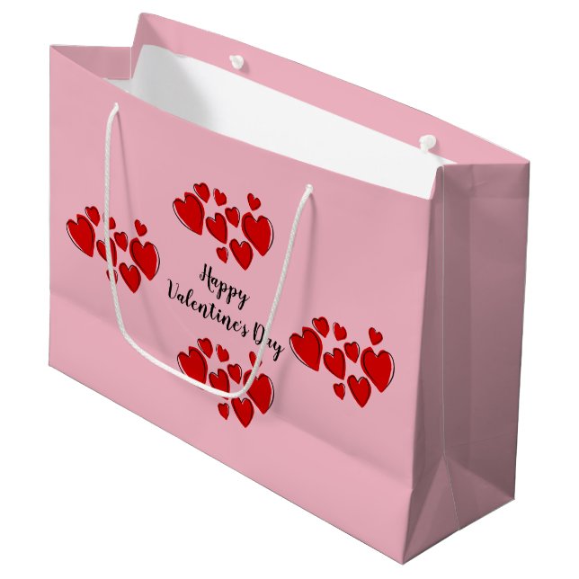 Pink Happy Valentine's Day Red Hearts Large Gift Bag (Front Angled)