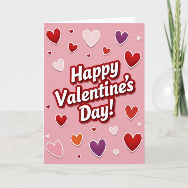Pink Happy Valentines Hearts Card (Front)