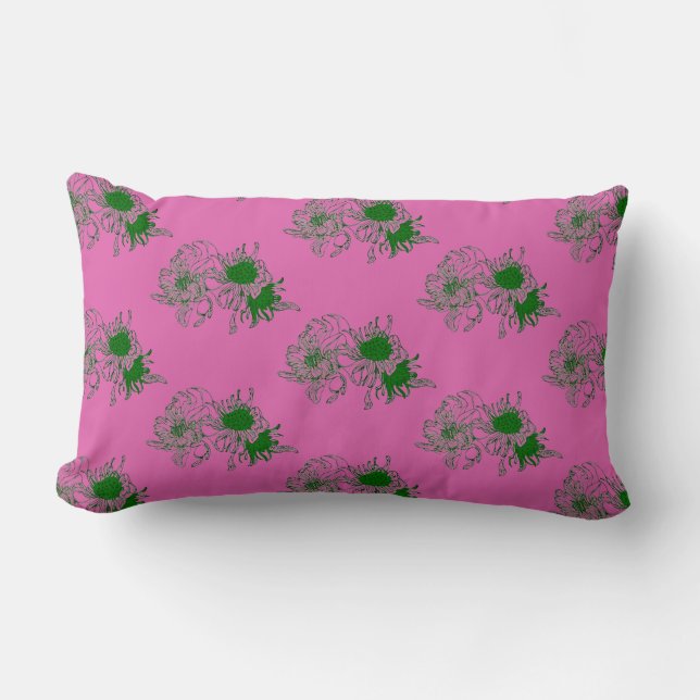 “Pink Harmony – Green Chrysanthemum Pattern Pillow (Front)