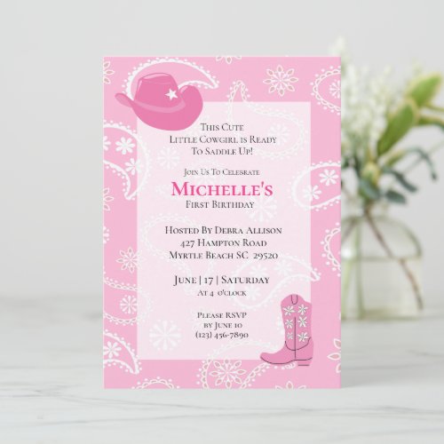 Pink Hat Boots Cow Girl First Birthday   Invitation