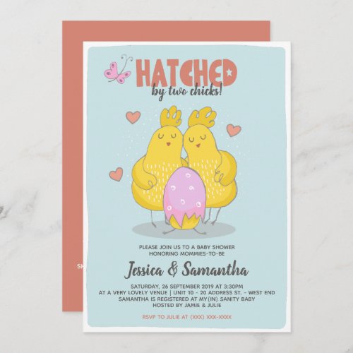 Pink Hatched By Two Chicks Lesbian Baby Shower Invitation