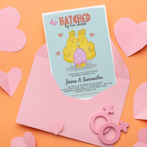 Pink Hatched By Two Chicks Lesbian Baby Shower Invitation