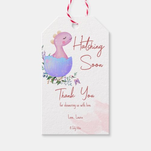 Pink hatching soon baby shower personalized gift tags