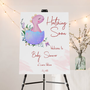 Pink hatching soon baby shower welcome sign