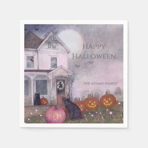Pink Haunted House Black Cat Custom Halloween Napkins