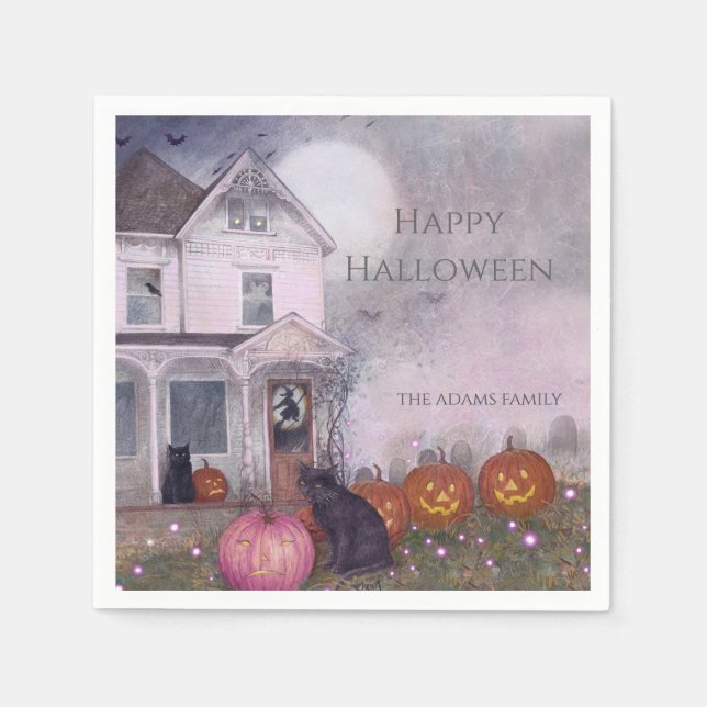 Pink Haunted House Black Cat Custom Halloween Napkins (Front)