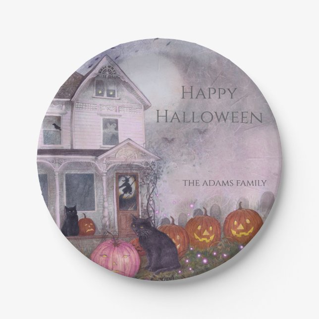 Pink Haunted House Black Cat Custom Halloween Paper Plates (Front)