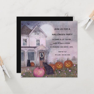 Pink Haunted House Black Cat Halloween Party Invitation
