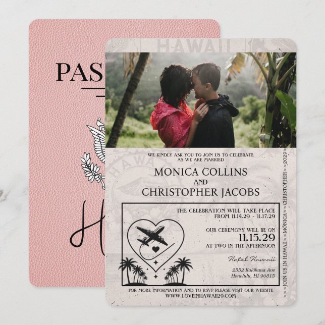 Pink Hawaii Passport Wedding Invitation (Front/Back)