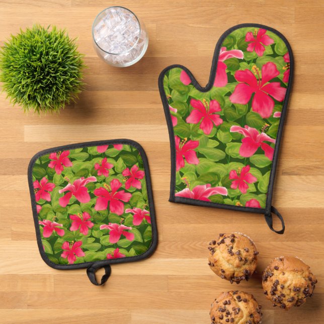 Pink Hawaiian Hibiscus Flower Pattern Oven Mitt & Pot Holder Set (Top Down)
