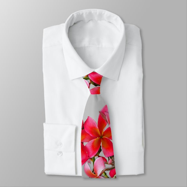 Pink Hawaiian Plumeria Tropical Flowers on Gray Neck Tie (Tied)
