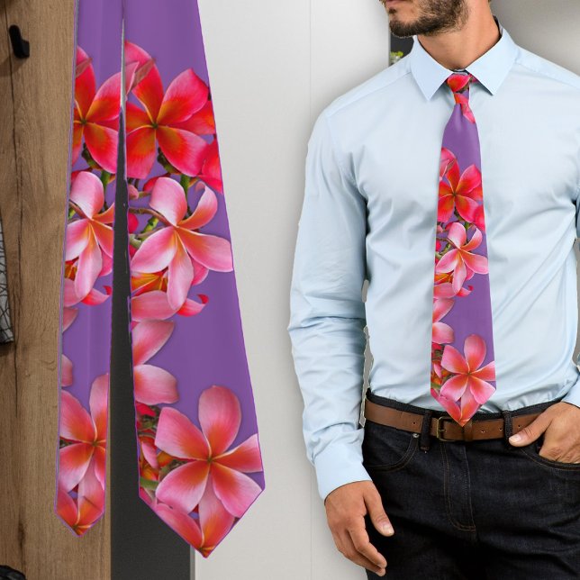 Pink Hawaiian Plumeria Tropical Flowers Purple Neck Tie (Creator Uploaded)