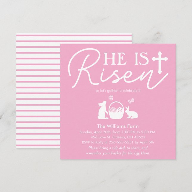 Pink “He Is Risen” Easter Celebration Party  Invitation (Front/Back)