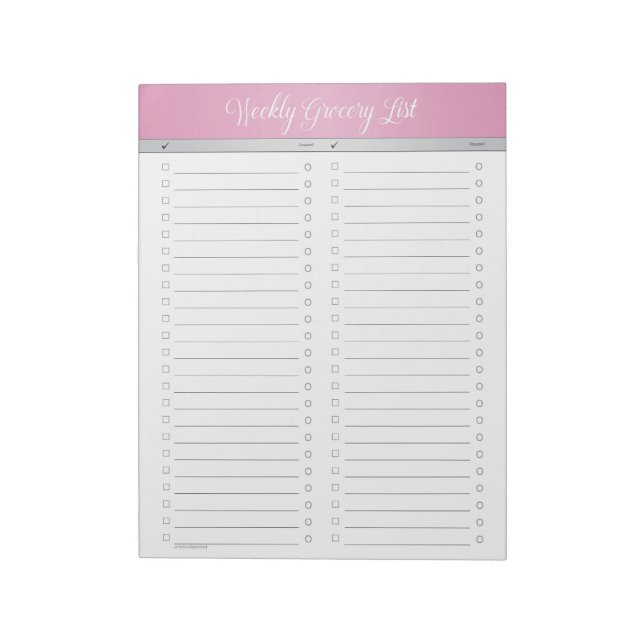 Pink Header Weekly Grocery List - Checklist Notepad (Rotated)