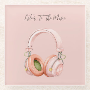 Pink Headphones Listen To The Music Glass Coaster