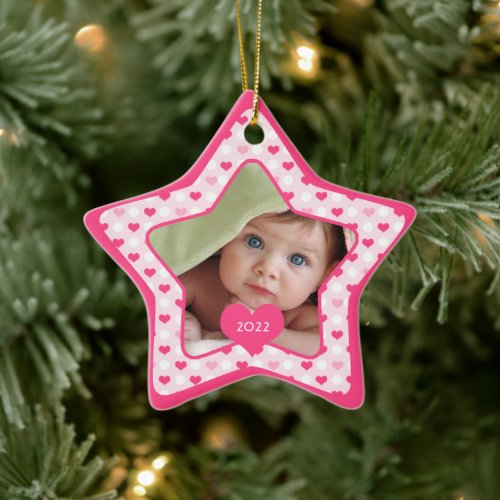Pink Heart 2023 Baby Star Photo Christmas Ceramic Ornament
