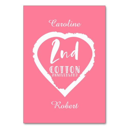 Pink Heart 2nd Cotton Wedding Anniversary Table Number