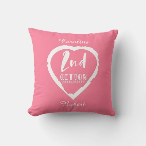 Pink Heart 2nd Cotton Wedding Anniversary Throw Pillow