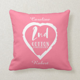 Pink Heart 2nd Cotton Wedding Anniversary Throw Pillow