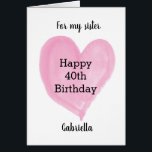 Pink Heart 40th Birthday Sister<br><div class="desc">A personalized 40th birthday card for sister, which you can personalize to the recipient. The inside card message reads a sweet sentiment, which can be easily edited. The back of this personalized 40th birthday card for her features the same heart along with the year, which you can easily edit. A...</div>