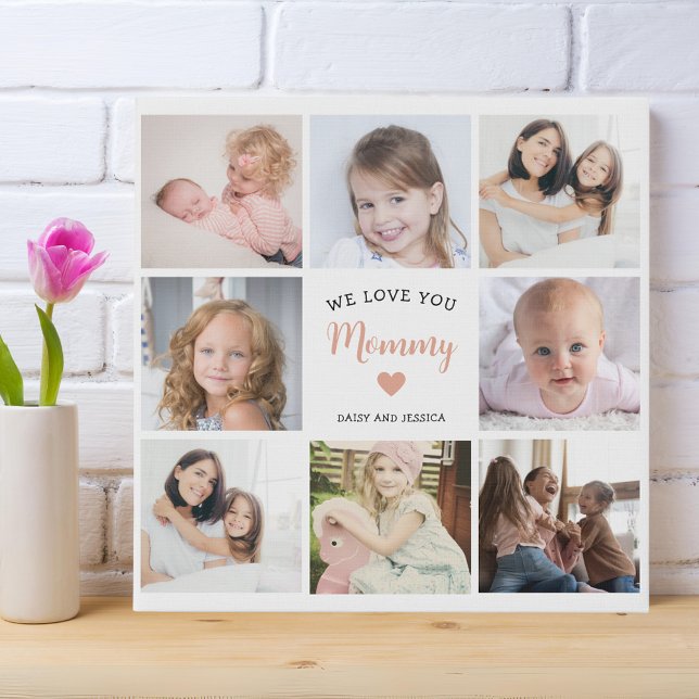 Pink Heart 8 Photo Collage Mother's Day Modern Faux Canvas Print (Creator Uploaded)