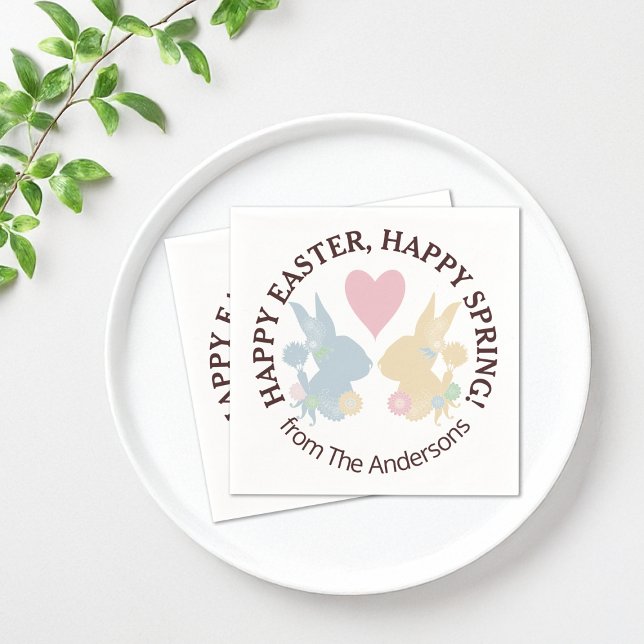 Pink Heart and Colorful Pastel Easter Bunny Paper Napkins (Creator Uploaded)